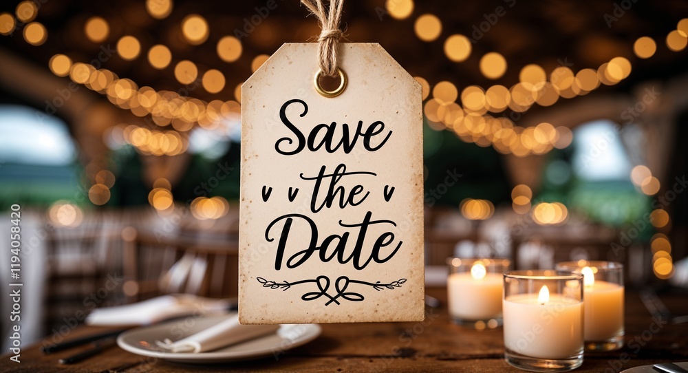 Poster save the date handwritten on paper tag at table background