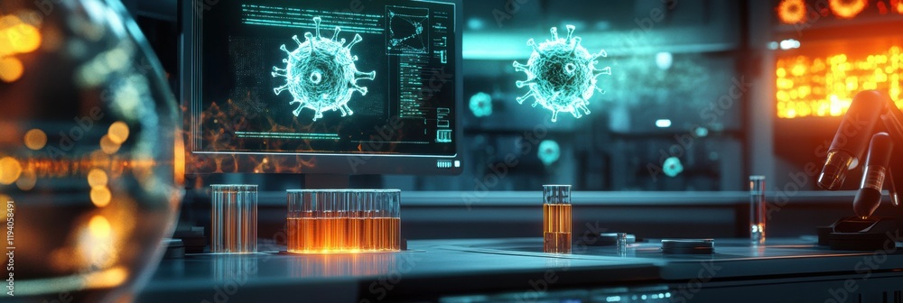 Poster modern research lab showcasing test tubes and digital monitors displaying virus imagery in a scienti