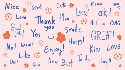 Colorful words like 'Thank you', 'Love', 'Smile', and 'Great' with cute flowers. Positive, cheerful, and motivational words. Happy and cute design. Colorful typography vector set.