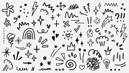 Collection of hand-drawn doodles featuring stars, hearts, arrows, and squiggles. Doodles include crowns, clouds, and shapes. Playful doodles for creative projects. Black hand drawn, vector set.
