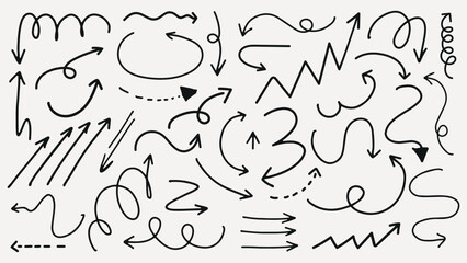 A collection of black arrows and squiggles on a white background. Arrows and squiggles in various directions. Curved, straight, and zigzag arrows and squiggles. Black hand drawn elements, vector set.