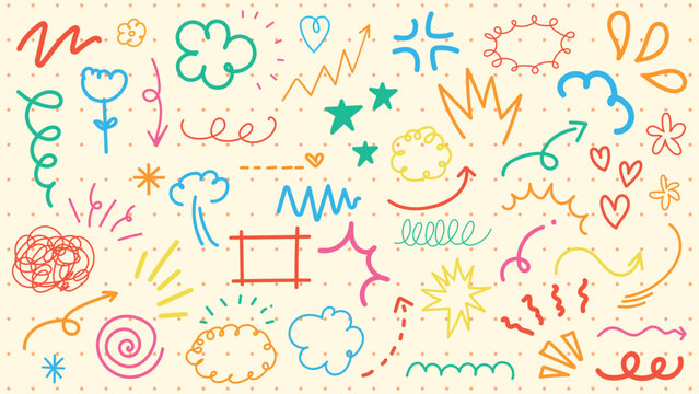 Colorful doodles with arrows, clouds, and stars. Arrows and clouds repeat, adding whimsy. Stars and arrows bring playful energy. Doodles, clouds, and arrows galore. Colorful doodle elements, vectors.
