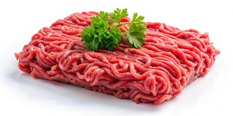 A Fresh Ground Meat Patty Ready For Cooking With A Single Sprig Of Green Parsley