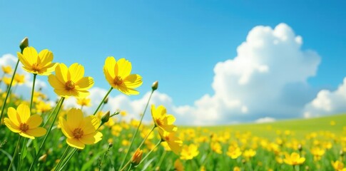 Yellow Champakan flowers in a field against a bright blue sky and white clouds, champak, gardenia, field