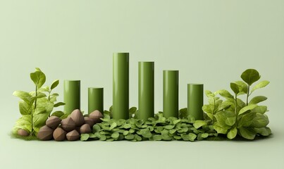 Green cylinders and plants on pastel background.