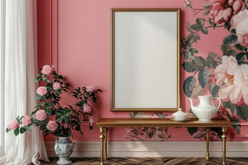 Minimal modern frame mockup on wall, interior living room background, for posters display, wall art listings for product photos, professional canvas frame with white empty mockup, floral aesthetic