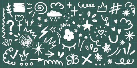Doodle set with clouds, stars, and arrows. Whimsical clouds, playful stars, and dynamic arrows. Perfect for creative projects needing clouds, stars, and arrows. White doodle elements, vector set.
