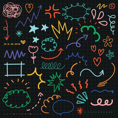 Colorful doodles on black background. Arrows, stars, hearts, and squiggles. Playful doodles, vibrant colors. Creative doodles, fun and lively design. Colorful doodle elements, vector set.