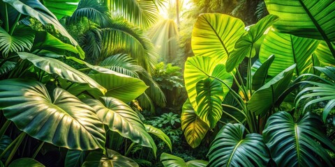 Fototapeta premium Sunlight filtering through the lush canopy of a tropical forest, illuminating vibrant green leaves with intricate veins.