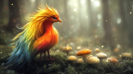 Fototapeta premium Magical Rainbow Bird Amidst Forest Fungi