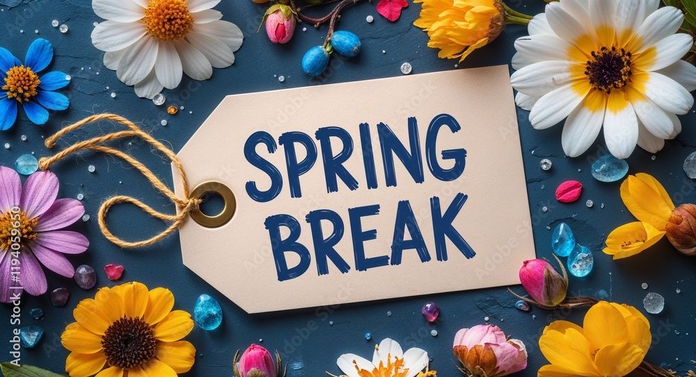 Poster spring break handwritten on paper tag at table background