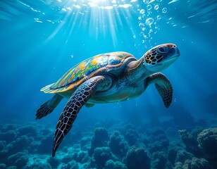 Obraz premium A close-up of a sea turtle swimming gracefully in a vibrant underwater environment.