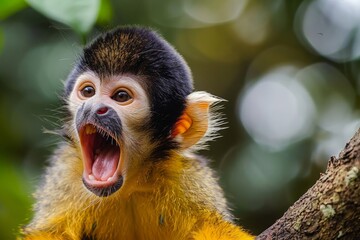 Obraz premium Curious and fluffy monkey yawns