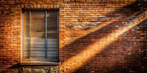 A red brick wall with a single window covered by horizontal blinds, bathed in the warm glow of afternoon sun.