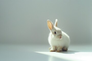 Obraz premium Cute little rabbit on white background during spring. Young adorable bunny playing and movement. Lovely pet with long ears for Easter.