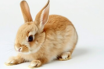 Obraz premium Cute little rabbit on white background during spring. Young adorable bunny playing and movement. Lovely pet with long ears for Easter.
