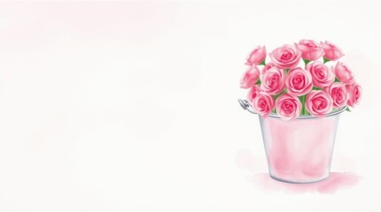 Flowers in bucket isolated pink background, Valentine's Day background, copy space