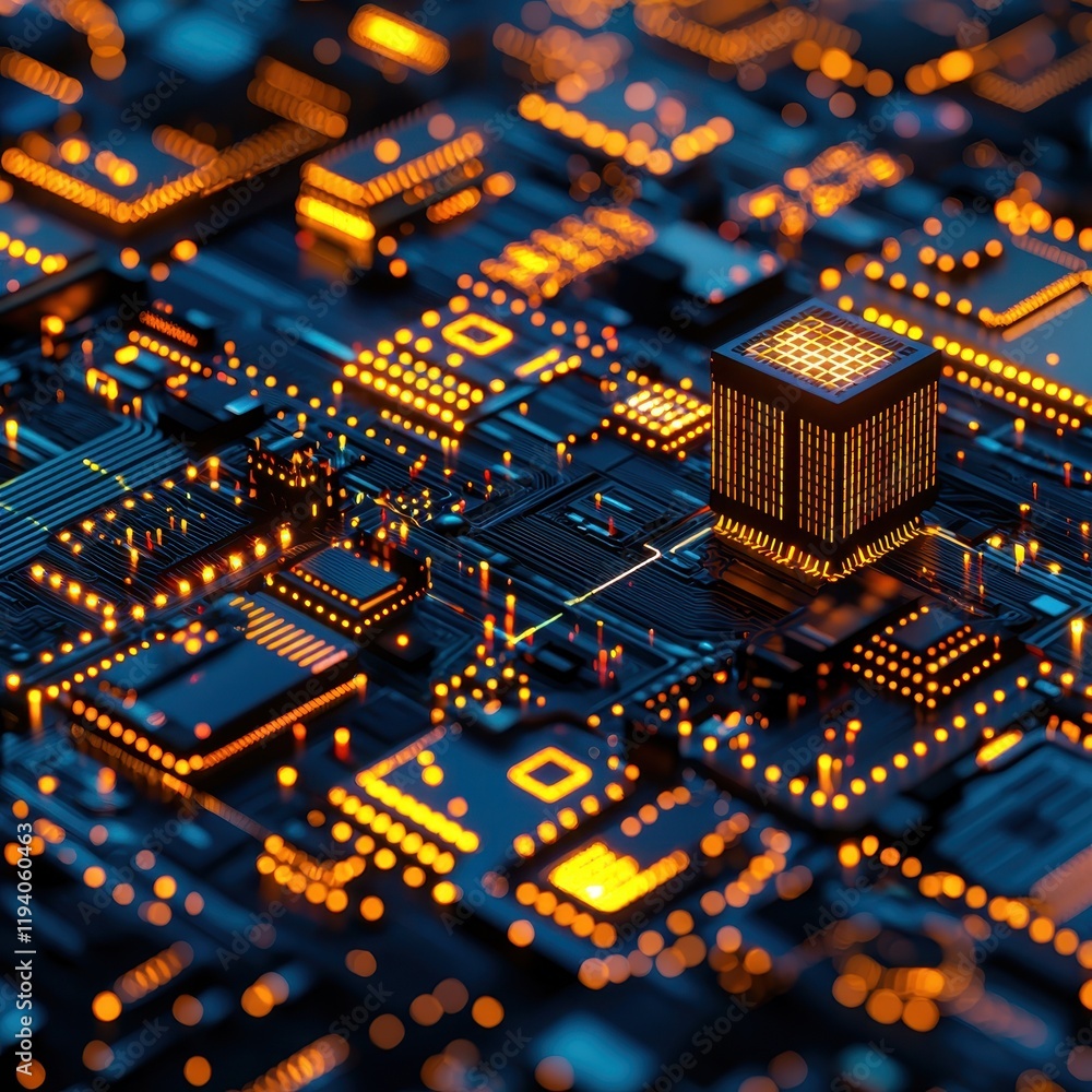 Aufkleber a visually intricate circuit board illuminated with glowing components, showcasing a detailed and vi