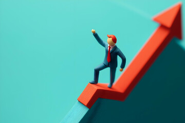 Fototapeta premium A miniature figure in a suit stands triumphantly on a rising graph, symbolizing success and growth in business or personal achievements.