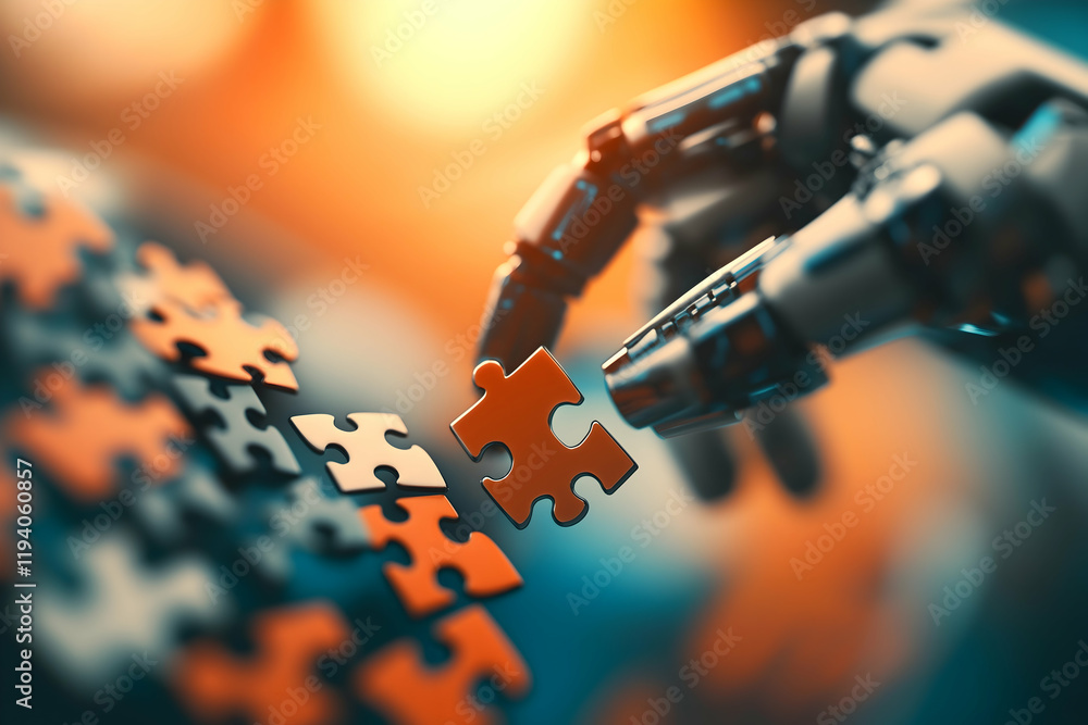 Poster a robotic hand reaches for a puzzle piece, symbolizing the integration of technology and problem-sol