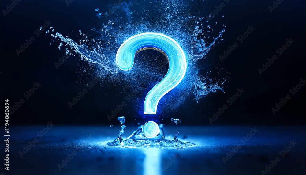 Poster a glowing blue question mark surrounded by water splashes, creating a mysterious and inquisitive atm