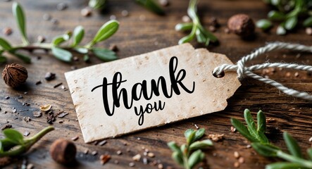 Thank you handwritten on paper tag at table background
