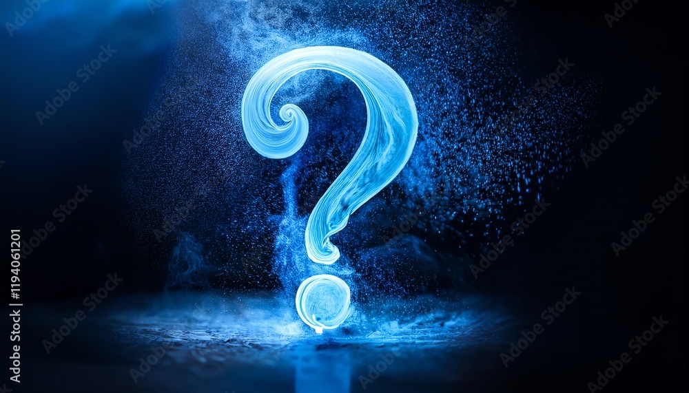 Poster A glowing blue question mark is set against a dark background, creating a mysterious and intriguing visual effect.