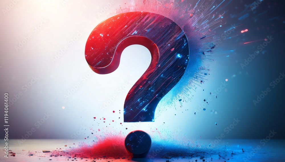 Poster a vibrant question mark surrounded by splashes of color, symbolizing curiosity and the pursuit of kn