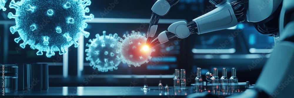 Fototapete robots neutralizing viruses in a high tech laboratory environment during a scientific research exper