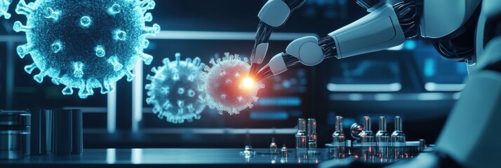 Robots neutralizing viruses in a high tech laboratory environment during a scientific research experiment. Generative AI