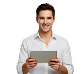 Portrait of handsome smiling man using a tablet computer.