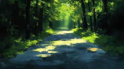 Obraz premium Sunlit Forest Pathway A Tranquil Journey Through Nature's Embrace