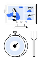Teacher presenting in a live virtual class on a computer screen. Below, a stopwatch and fork depict time awareness and balance. Ideal for education, time management, lifestyle, virtual learning