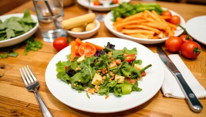 Fresh and Healthy Salad with Sides on a Wooden Table