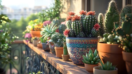 A lush balcony garden featuring an assortment of cacti and succulents in colorful pots, vibrant greens and warm pastels blending harmoniously under soft natural light, hd quality,