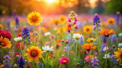 Fototapeta premium A vibrant tapestry of wildflowers bathed in golden sunlight, their petals unfurling in a symphony of color, each bloom a unique brushstroke on the canvas of nature.