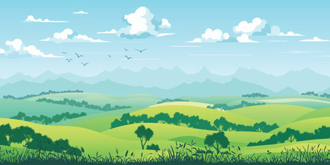 View of summer landscape, spring hills, green meadows and hills, bird flock, vector illustration