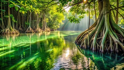 Sunlight filters through the dense canopy of trees, illuminating the emerald green waters below, revealing the intricate network of roots that bind the forest to the river.