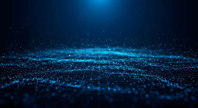 An abstract digital environment in a profound blue color, embellished with twinkling blue light particles and depths of significant intensity. These particles amalgamate into lines, surfaces, and grid
