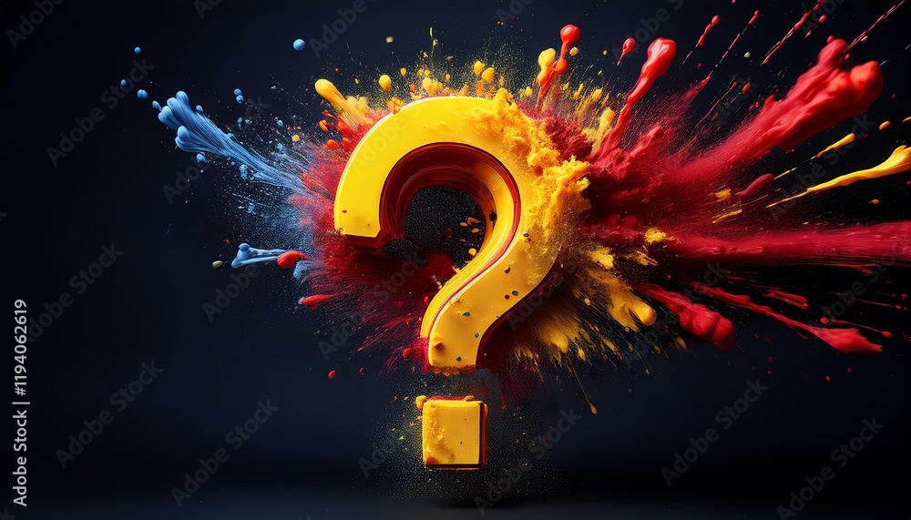 Poster a vibrant question mark explodes with colorful paint splashes against a dark background, symbolizing