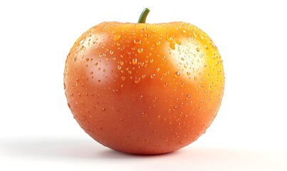 Juicy orange fruit with water droplets on white background.