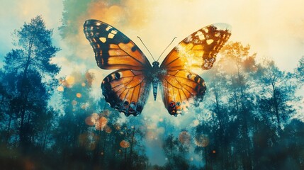 Obraz premium Majestic butterfly in flight over a mystical forest at sunrise.