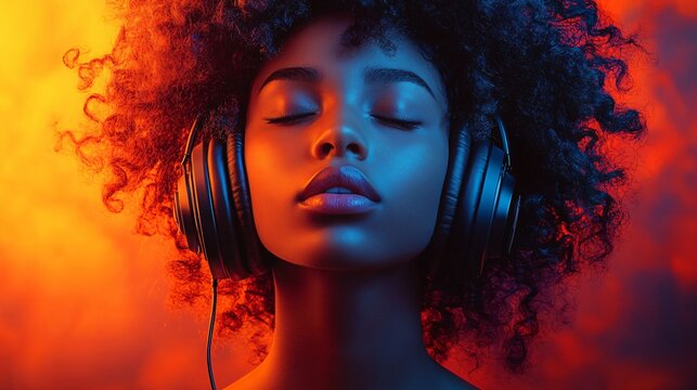 A serene young woman immersed in music, reflecting tranquility and cultural homage, ideal for Black History Month promotions, music events, or calming playlists.