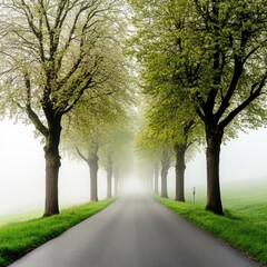 Naklejka premium Misty Morning Drive: A Serene Road Through Springtime Trees