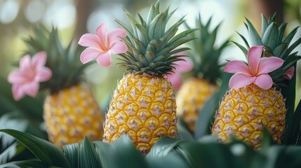 Tropical Pineapples with Pink Flowers in Lush Garden for Food and Travel