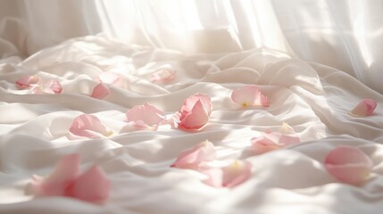 Delicate rose petals on silk, bathed in soft morning light, evoking a dreamy, romantic ambiance.
