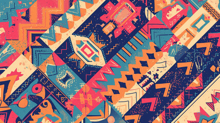 The image features a vibrant, abstract pattern with a mix of geometric and organic shapes