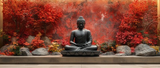 Black Buddha Statue Meditating in a Red and Gold Setting