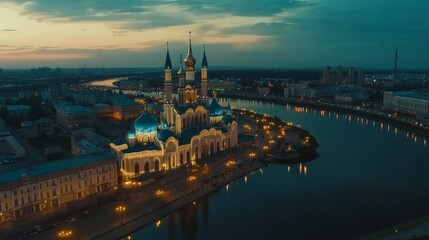 Obraz premium A stunning aerial view of Kazan city center. The Kazanka River divides old-world charm and modern elegance, glowing in the soft tones of twilight