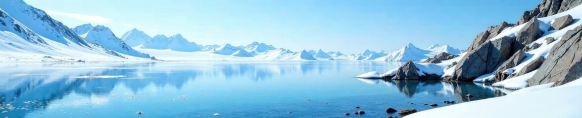 Fototapeta premium Frozen lake with a clear blue sky and gray rocks, rocky shoreline, ice